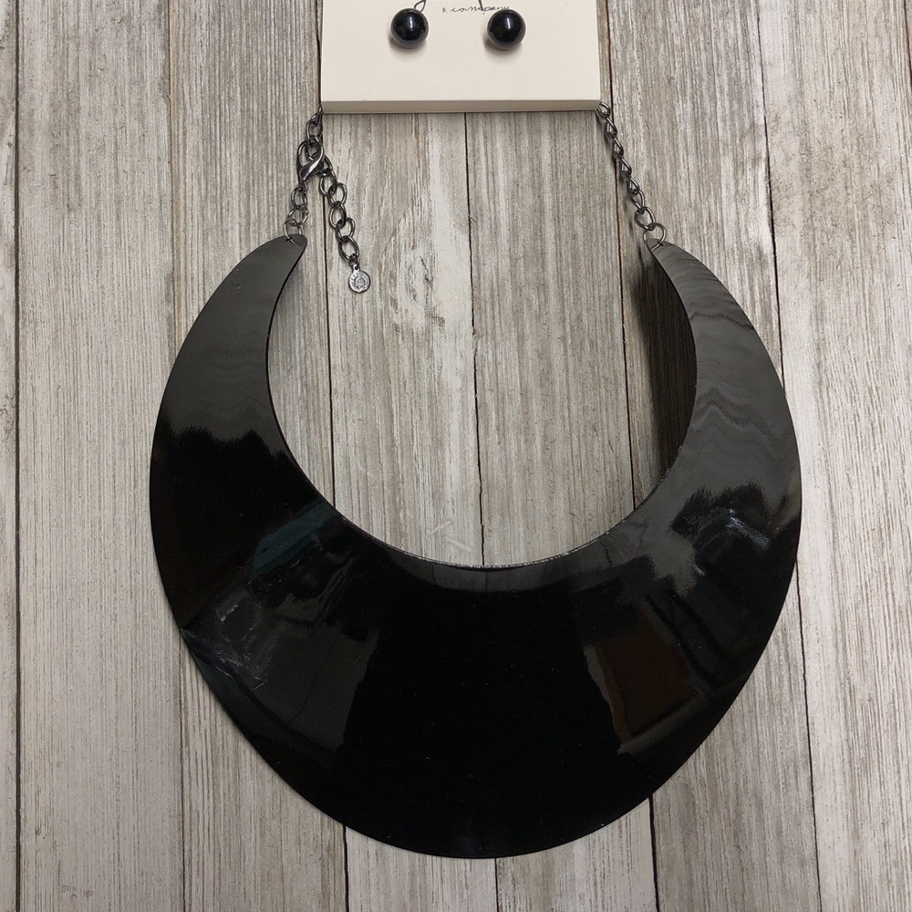 Black Metal Bib Necklace and Earrings